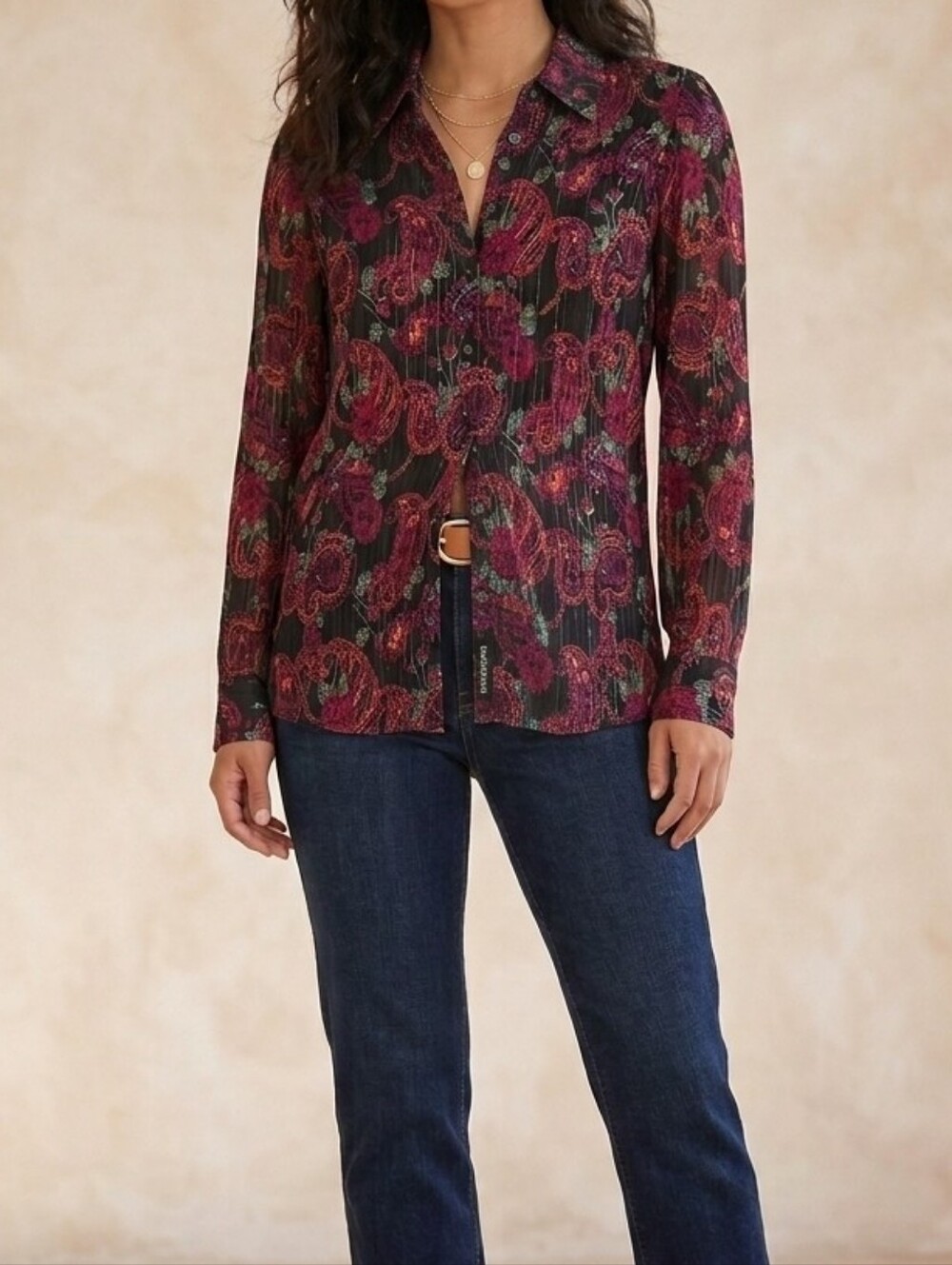 Notations Petite Long Sleeve Vintage Sheer Paisley PlissΓ© Blouse Size PM